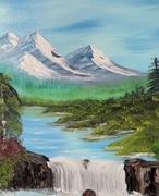 Schilderij met bergen en water in Bob Ross stijl