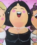 schilderij met 3 dikke dames die in feest stemming zijn